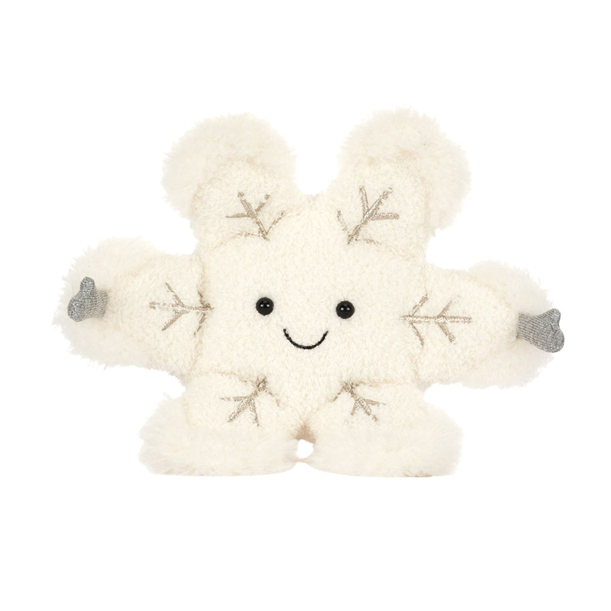 Plush toy star with snowflake patterns on a white background