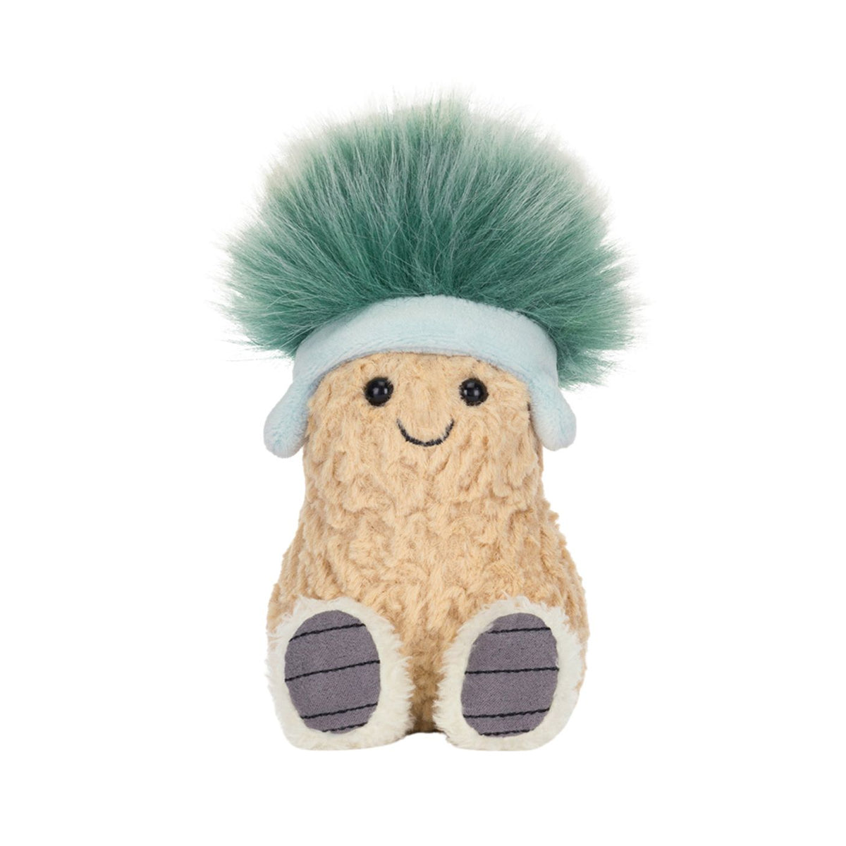 Plush toy with a green top hat and smiling face on a white background