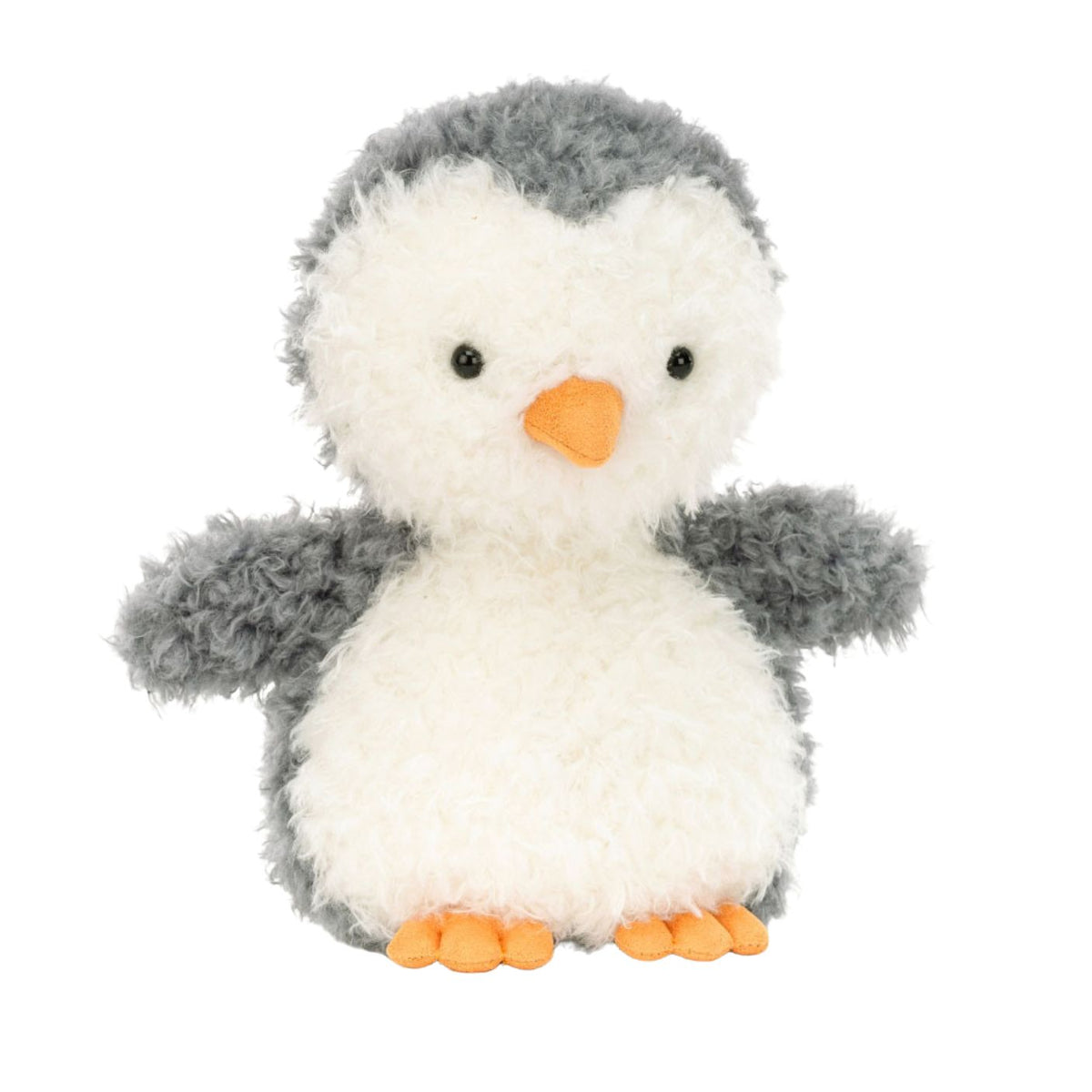 Plush penguin toy with gray wings and orange feet on a white background