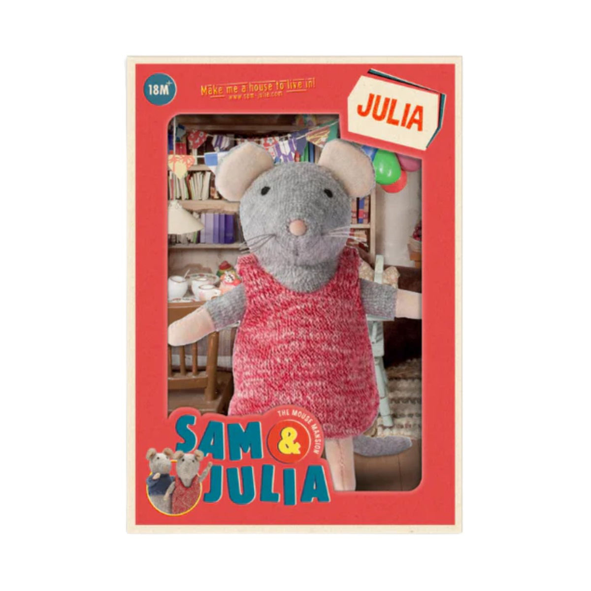 Plush toy mouse in a red dress with packaging featuring 'Sam & Julia' branding.