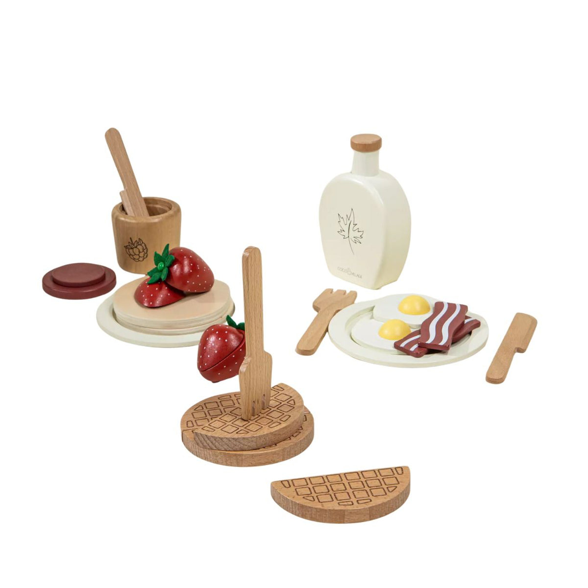 Wooden toy food set with waffles, strawberries, and a bottle on a white background