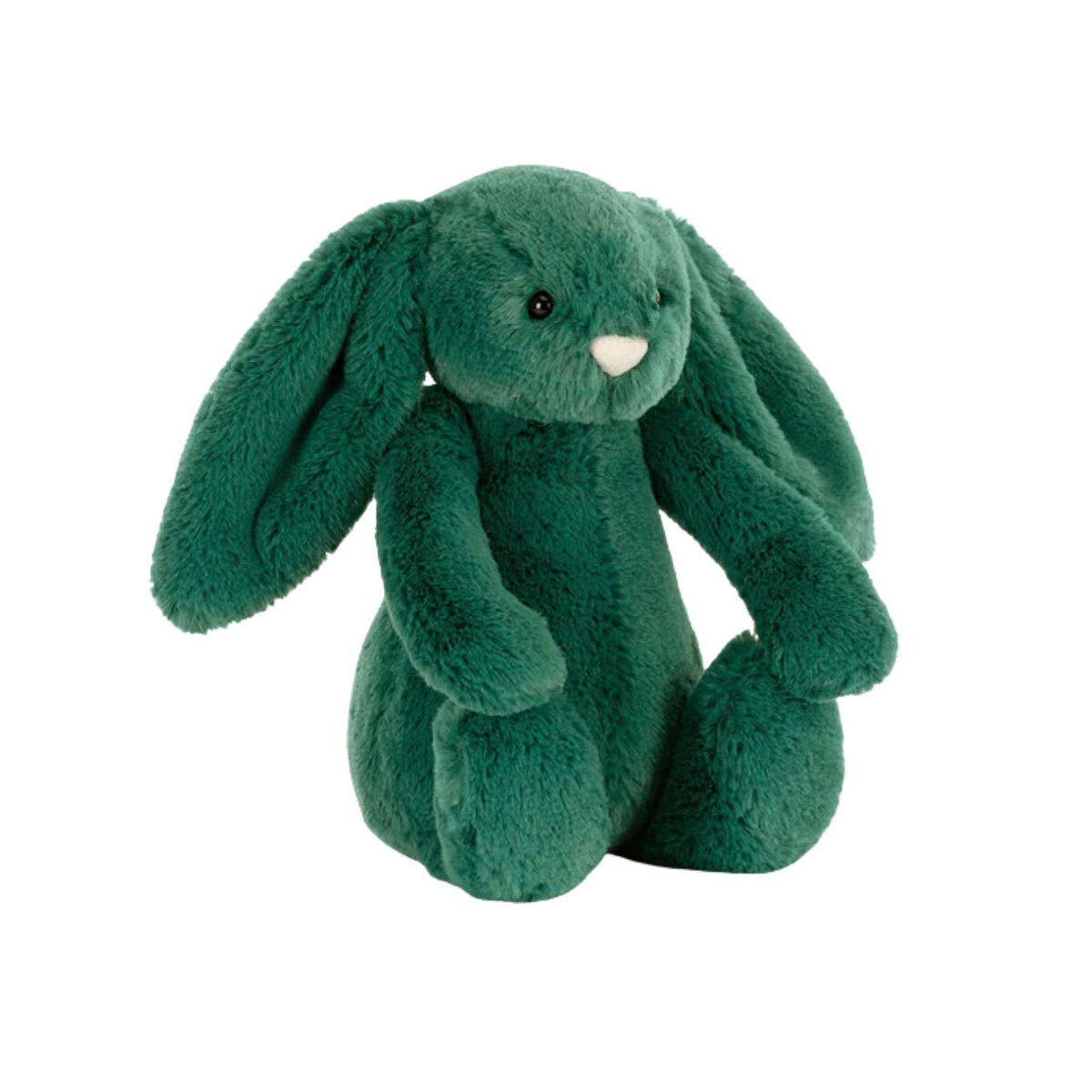 A plush bunny toy in a rich teal-green color, featuring long floppy ears, a small white embroidered nose, and dark eyes, set against a plain white background.
