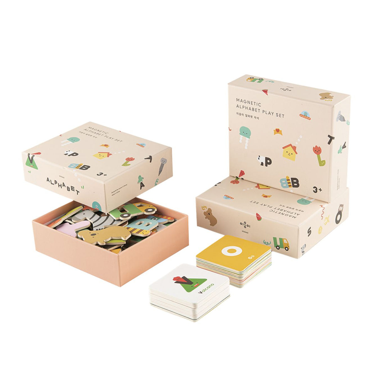 Children's magnetic alphabet play set with packaging on a white background
