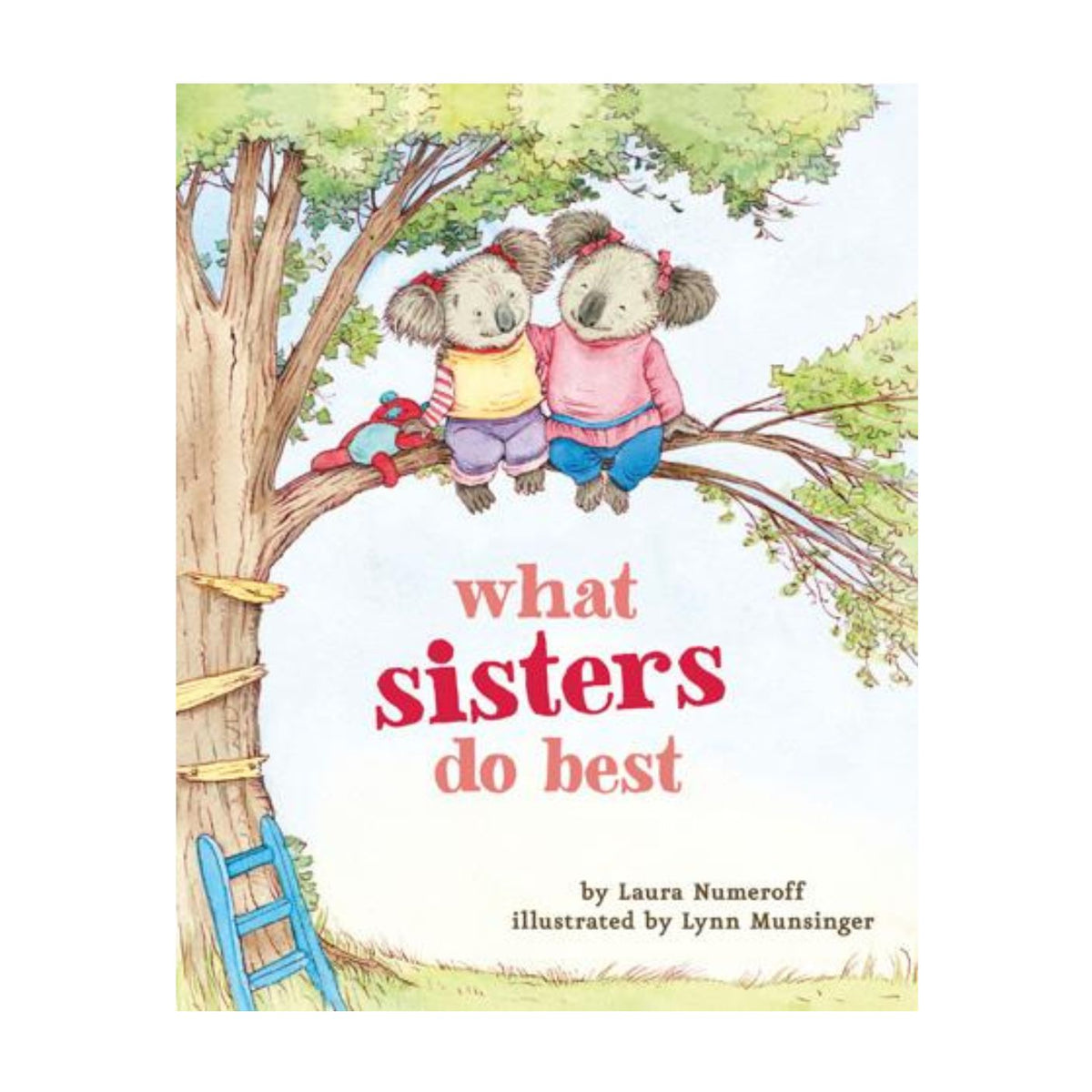 Book cover of 'What Sisters Do Best' with two illustrated teddy bears on a tree branch.
