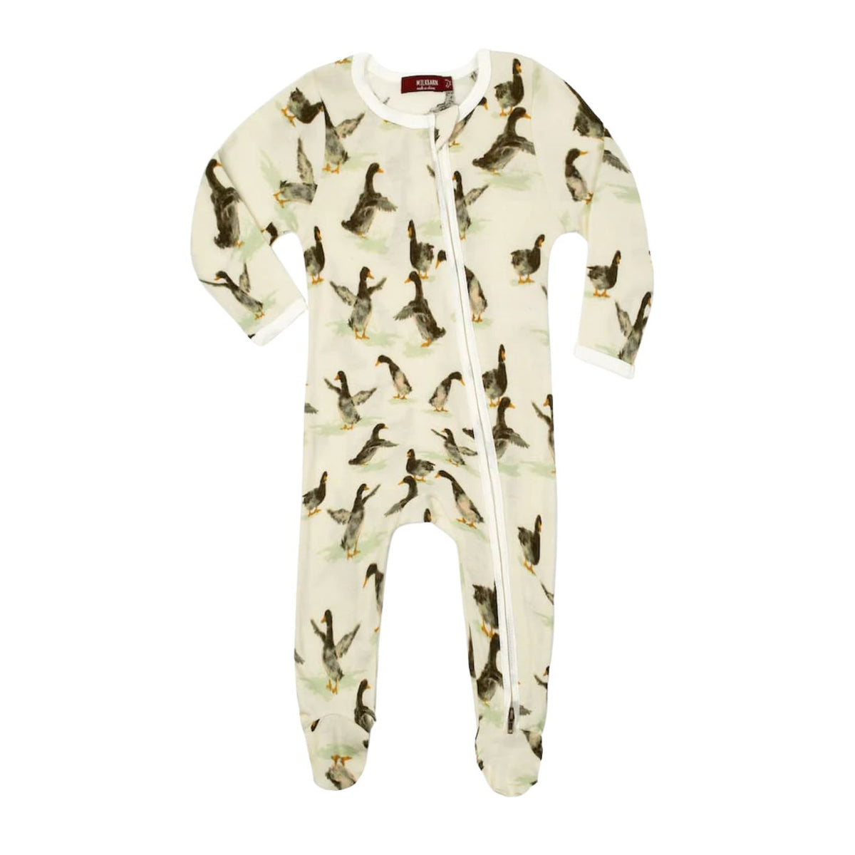 A baby footed sleeper in an off-white/cream color featuring an all-over print of black and brown ducks with yellow beaks. The sleeper has long sleeves, a front zipper, and a crew neckline.