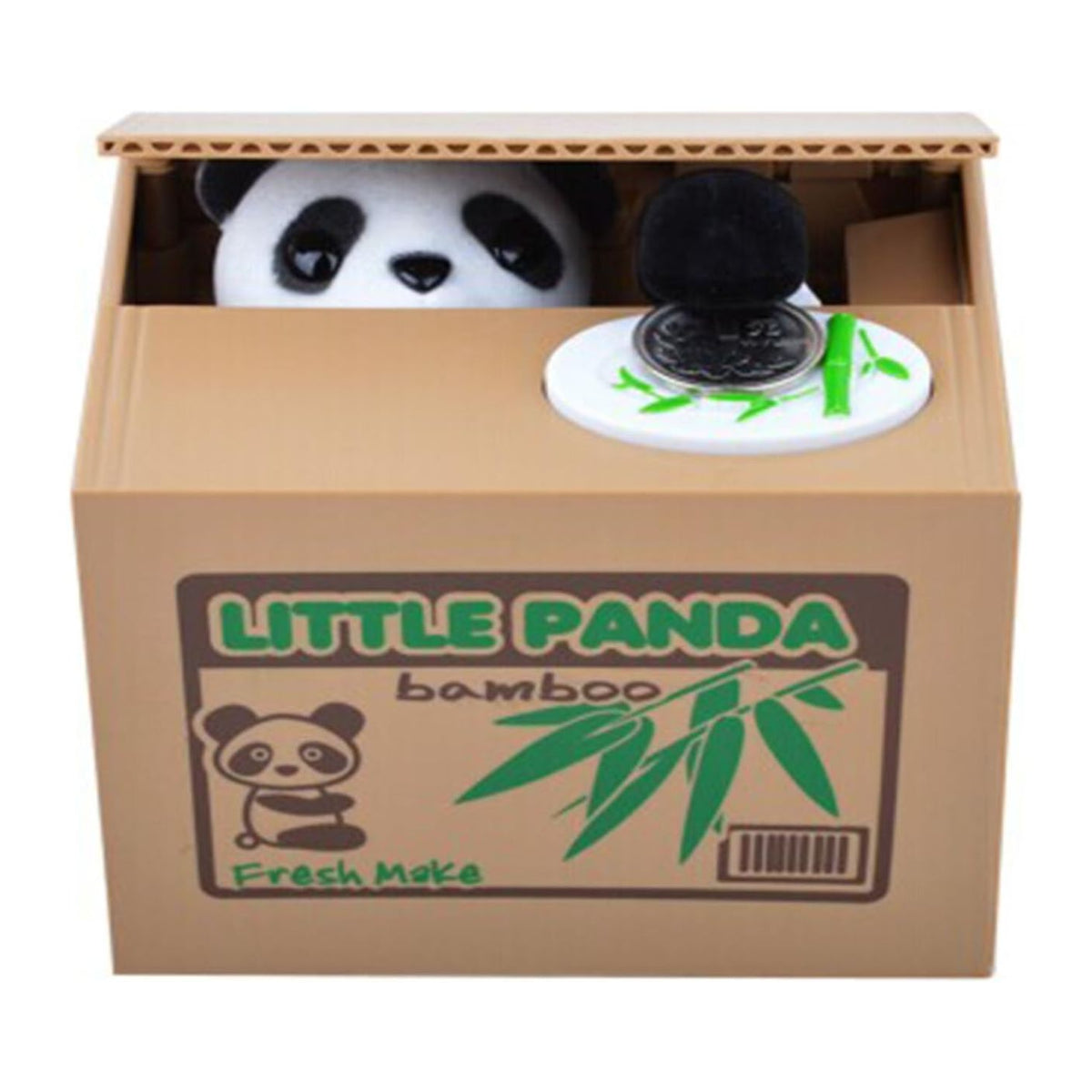 Panda-themed coin bank with a cardboard box design on a white background