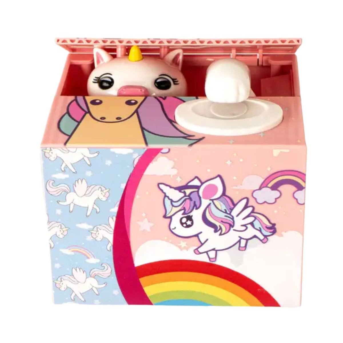 Unicorn-themed pink toy with a white lid on a white background