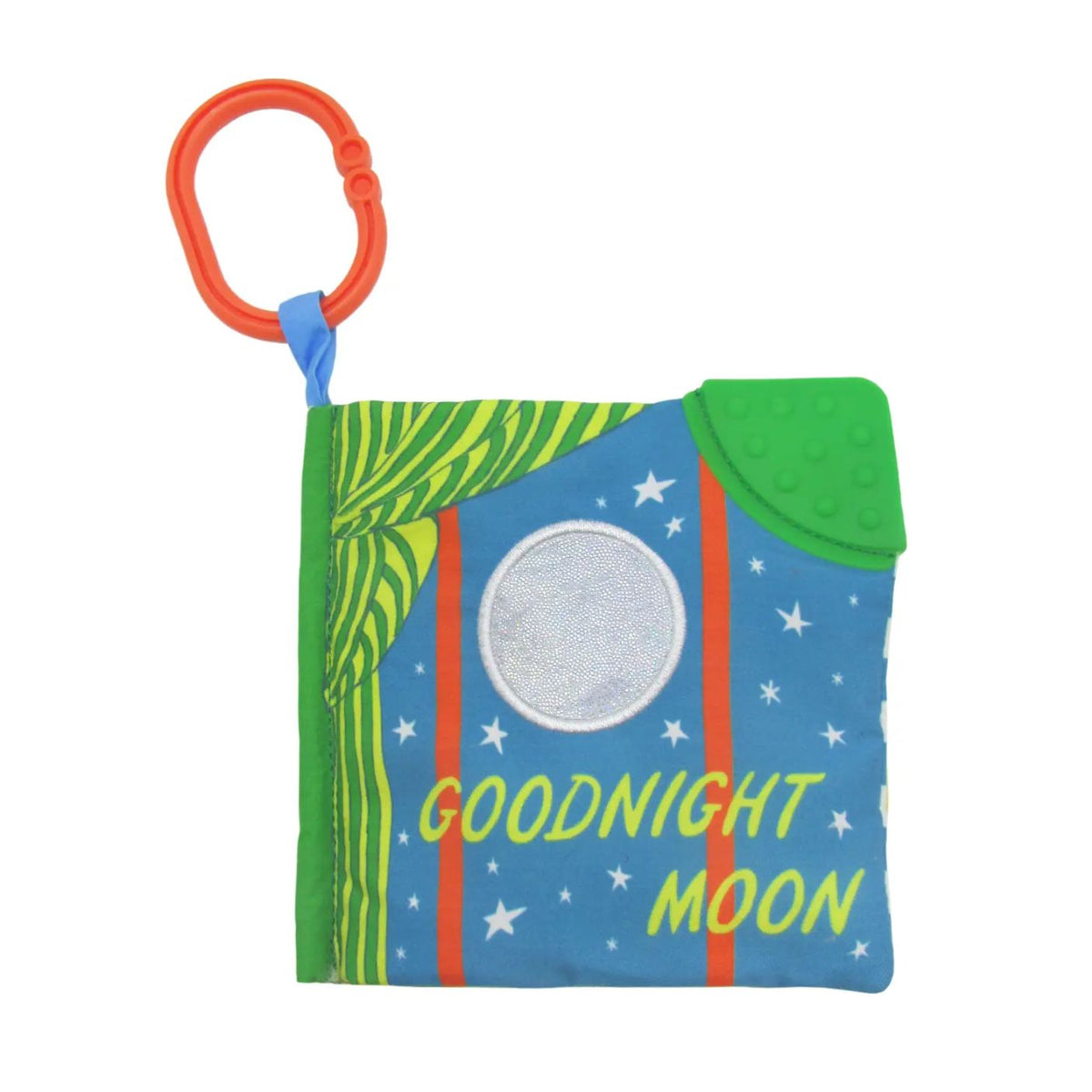 Children's soft book with 'Goodnight Moon' text and moon illustration on a blue background, attached to a red ring.