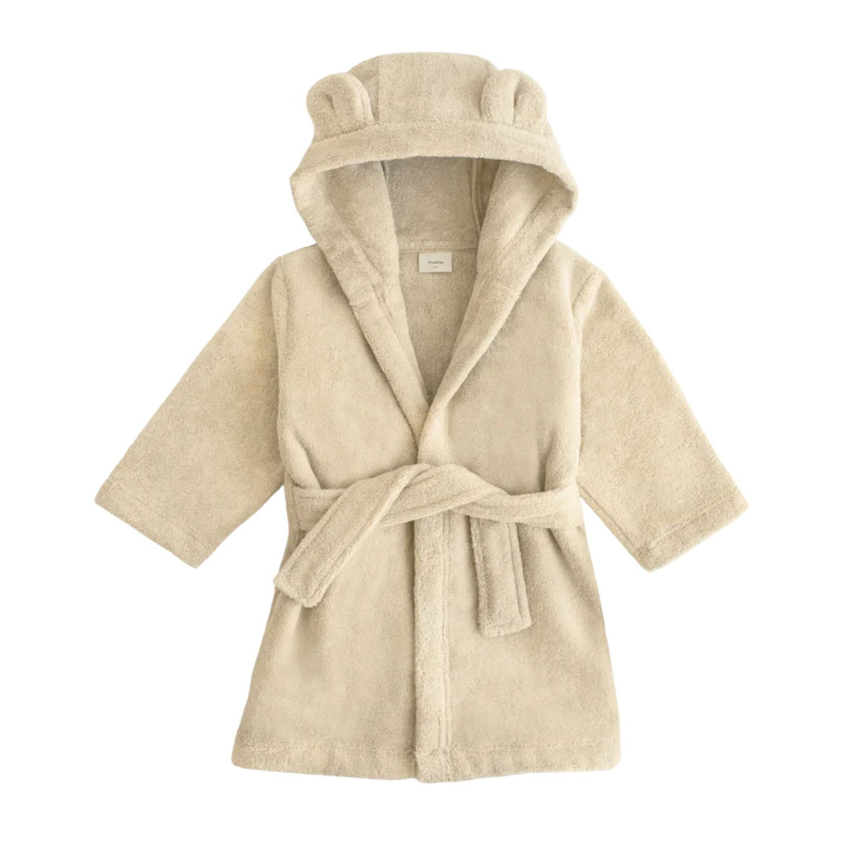 A cream-colored plush bathrobe with a hood featuring bear ears, shown against a plain white background.
