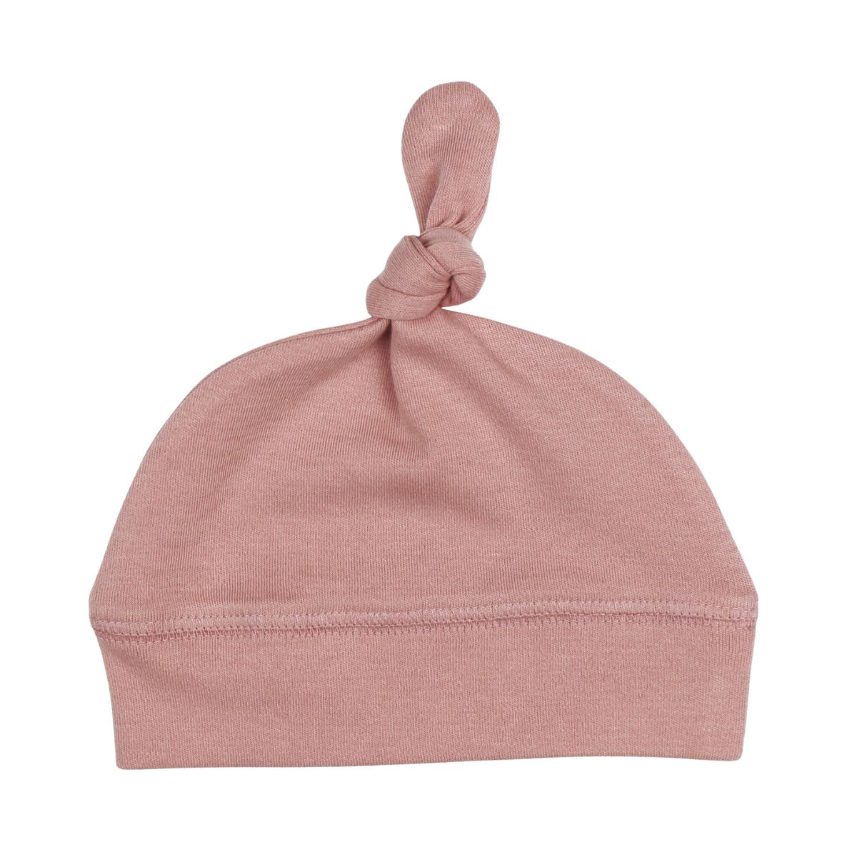 A dusty pink knit baby beanie hat with a knotted top and ribbed cuff, shown against a plain white background.
