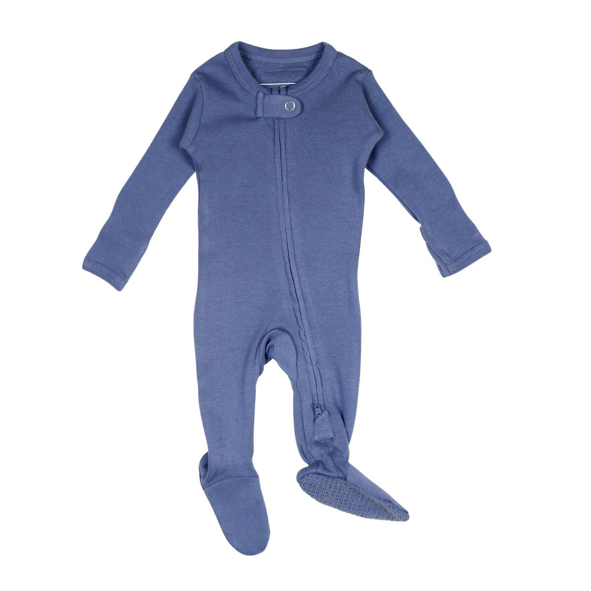 Blue baby onesie with footies on a white background