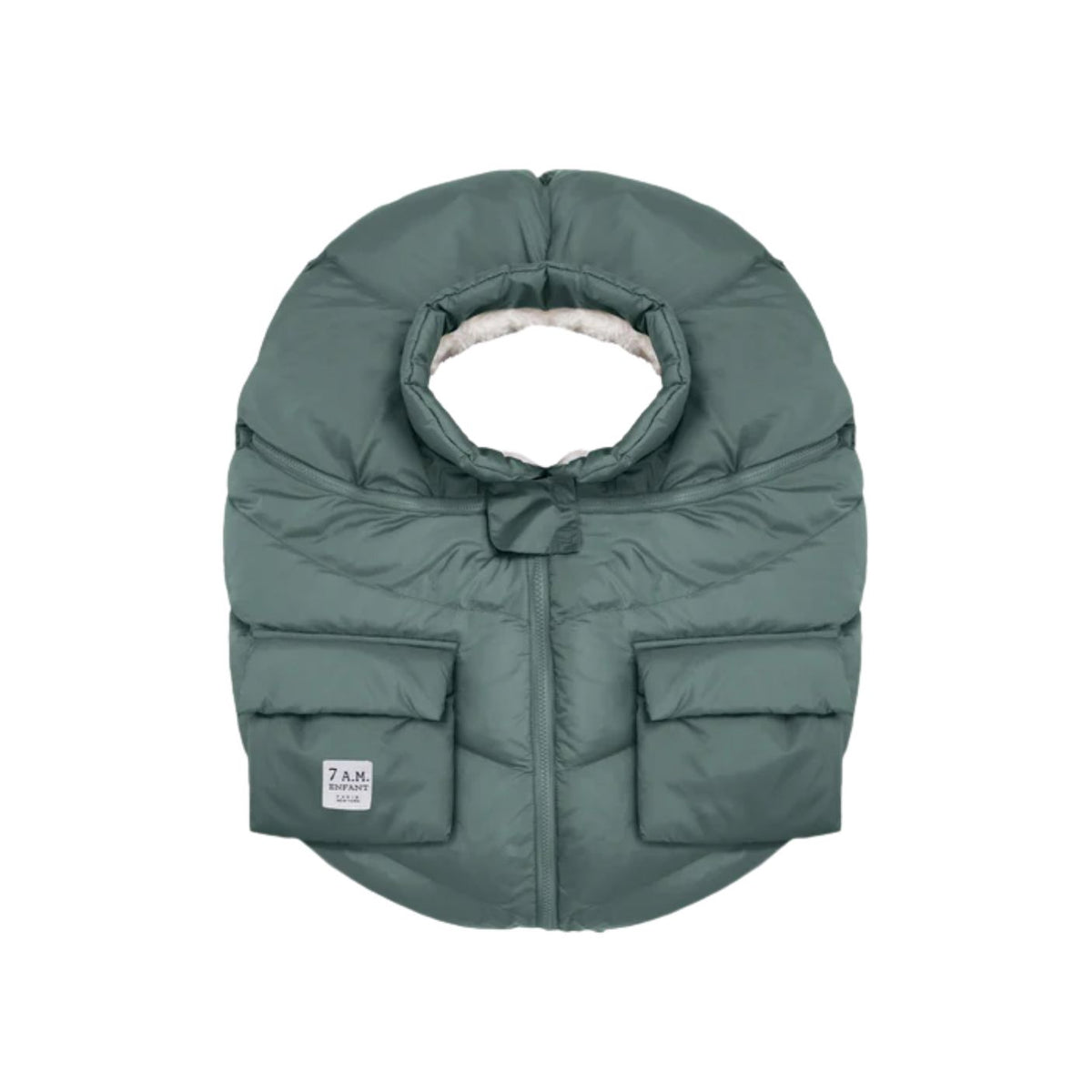 Green puffer baby carrier on a white background