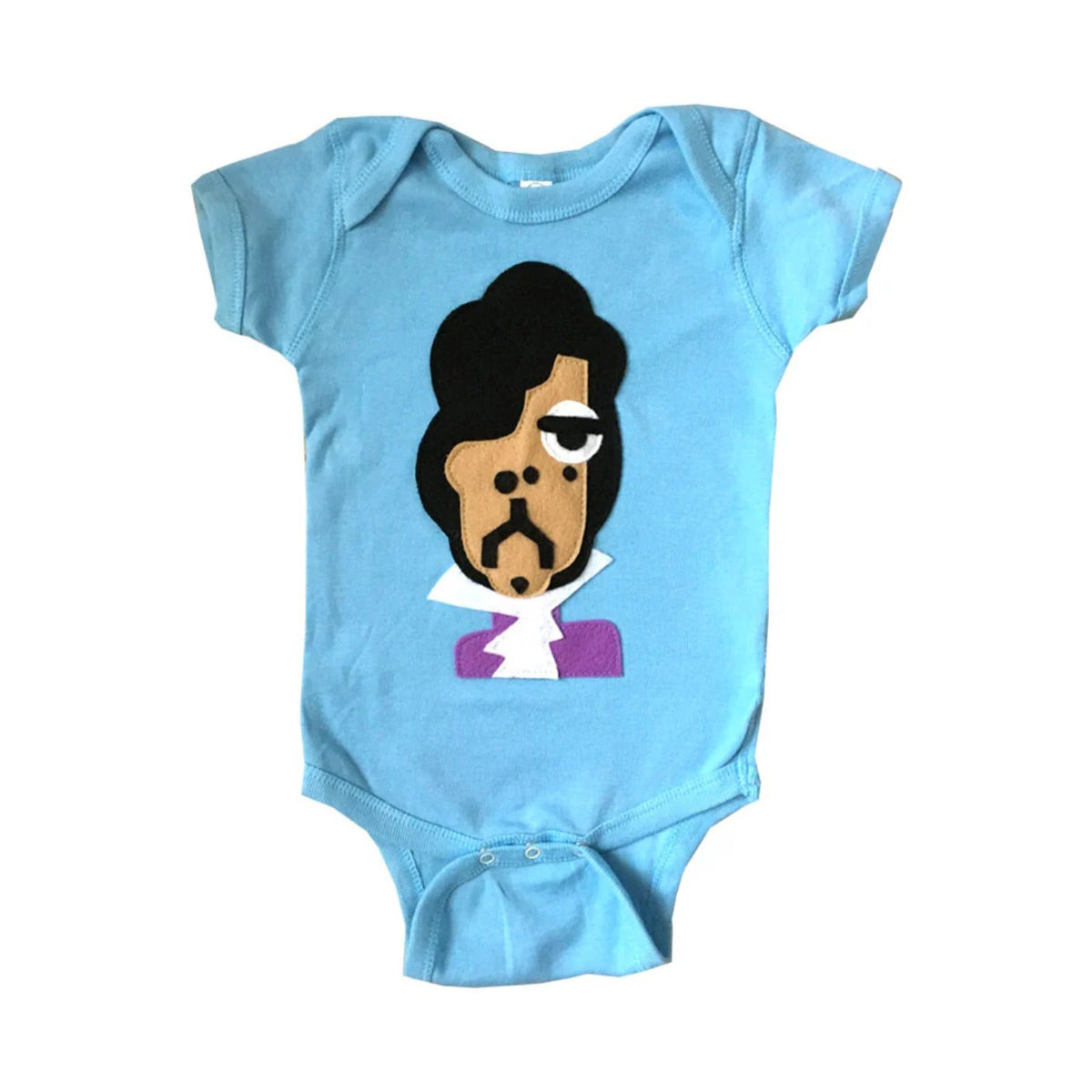 A light blue short-sleeve baby bodysuit featuring a stylized graphic of Jim Morrison's face and upper torso on the front, displayed flat against a white background.