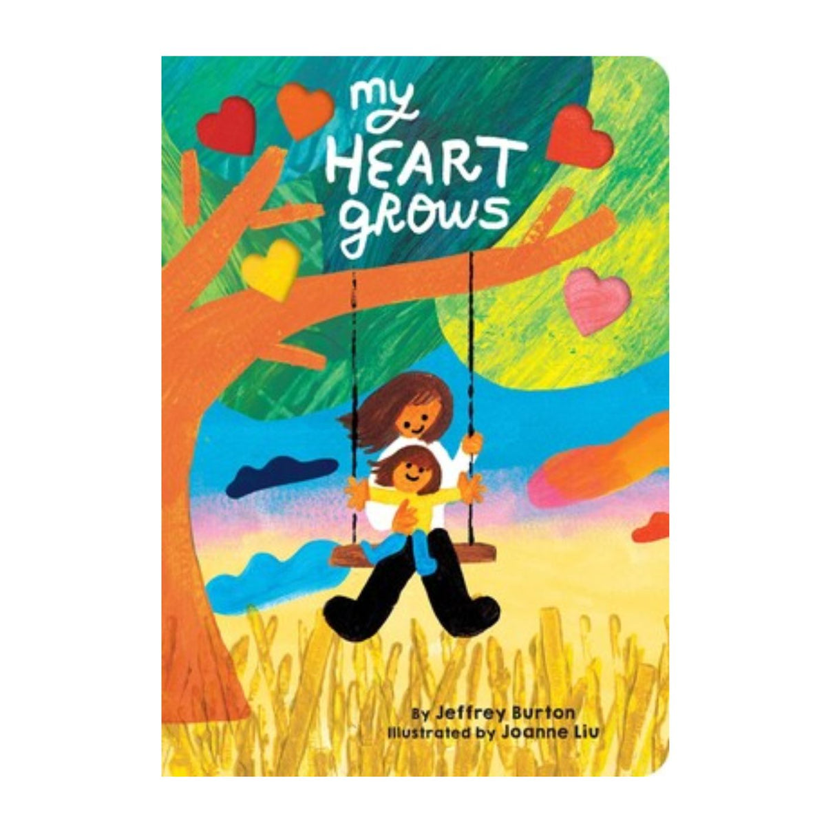Children's book cover titled 'My Heart Grows' with a colorful illustration of a mother and child on a swing under a tree.