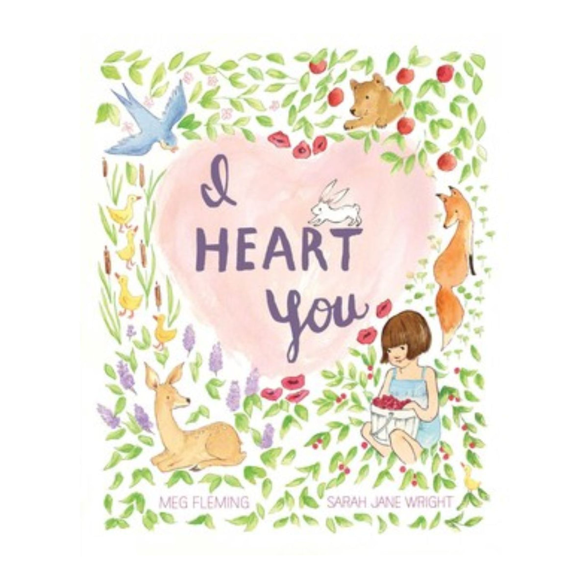 Book cover with 'I Heart You' text surrounded by animals and nature on a white background