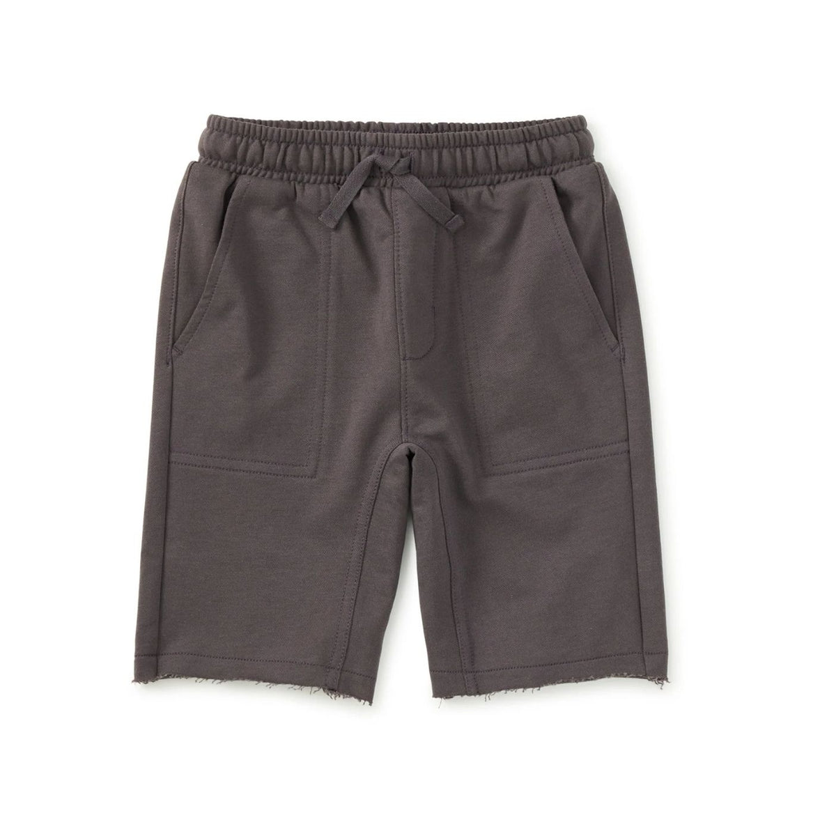 A pair of dark gray drawstring shorts with a raw, frayed hem and large front patch pockets, shown flat on a white background.