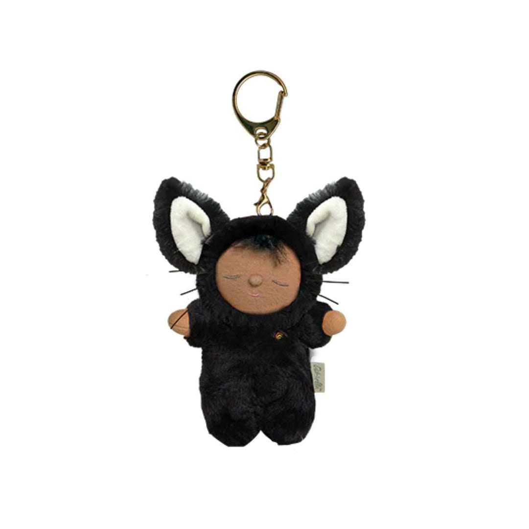 A black plush doll keychain with cat ears, white inner ears, a brown face, and a gold metal key ring, shown on a plain white background.