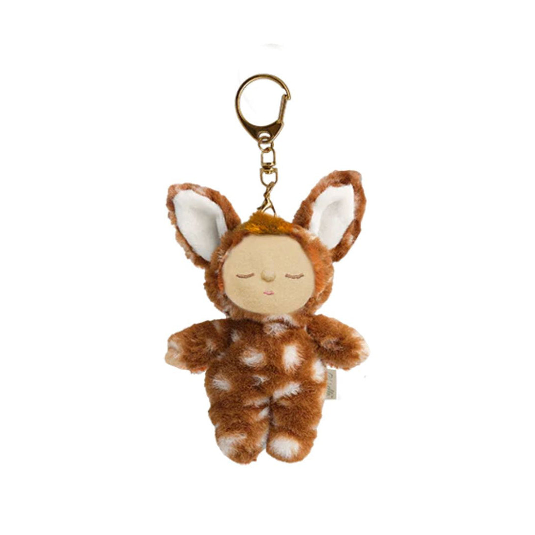 A plush toy keychain shaped like a sleeping deer or bunny with brown and white fur, a gold metal key ring, and a small gold chain, shown on a plain white background.