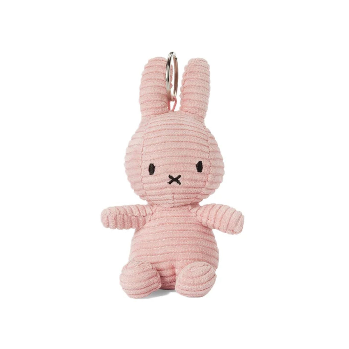 A small pink corduroy bunny plush keychain with embroidered black eyes and a stitched X mouth, attached to a silver metal key ring, shown on a plain white background.