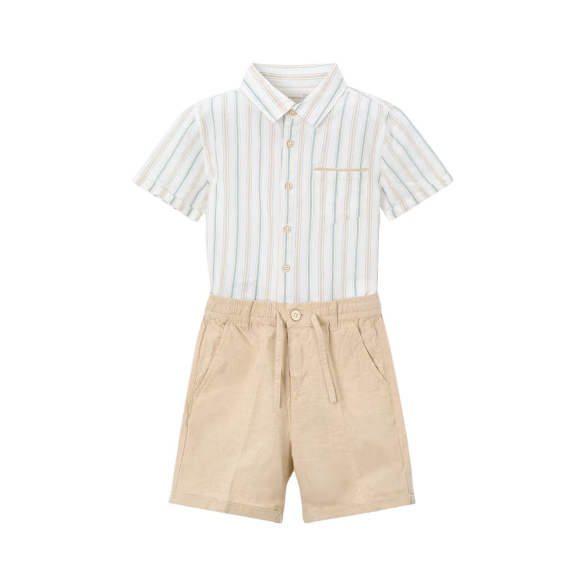 Striped shirt and beige shorts set on a white background