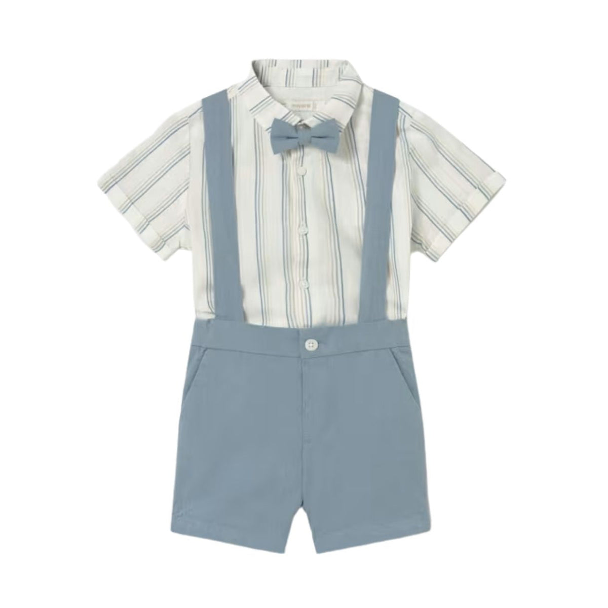 A baby boy's short-sleeve romper set featuring a cream and blue striped shirt, slate blue suspenders, matching blue bow tie, and slate blue shorts, shown on a plain white background.