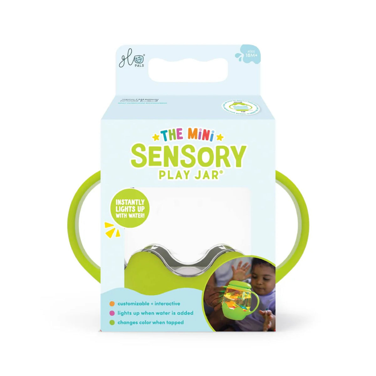 Packaging of The Mini Sensory Play Jar with green handles on a white background