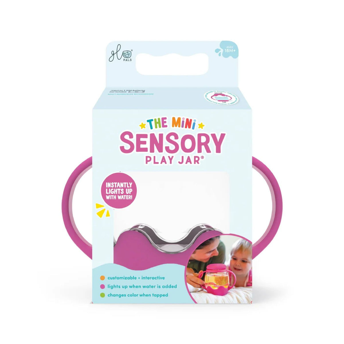 Package of 'The Mini Sensory Play Jar' with pink handles on a white background
