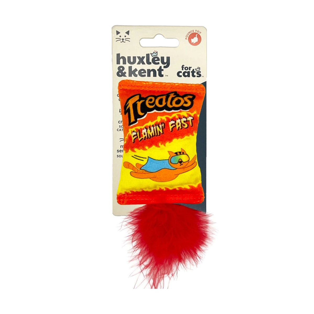 Cat toy with red feather on a Huxley & Kent branded card