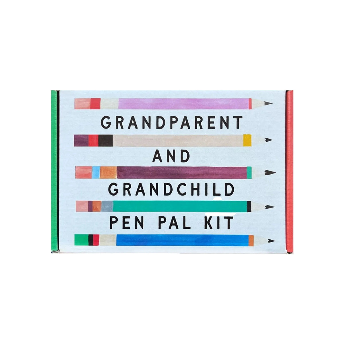 A rectangular product box for a 'Grandparent and Grandchild Pen Pal Kit' featuring a light blue background with illustrated colorful pencils and black text. The box has a green spine on the left and red edges on the right, shown against a plain white background.