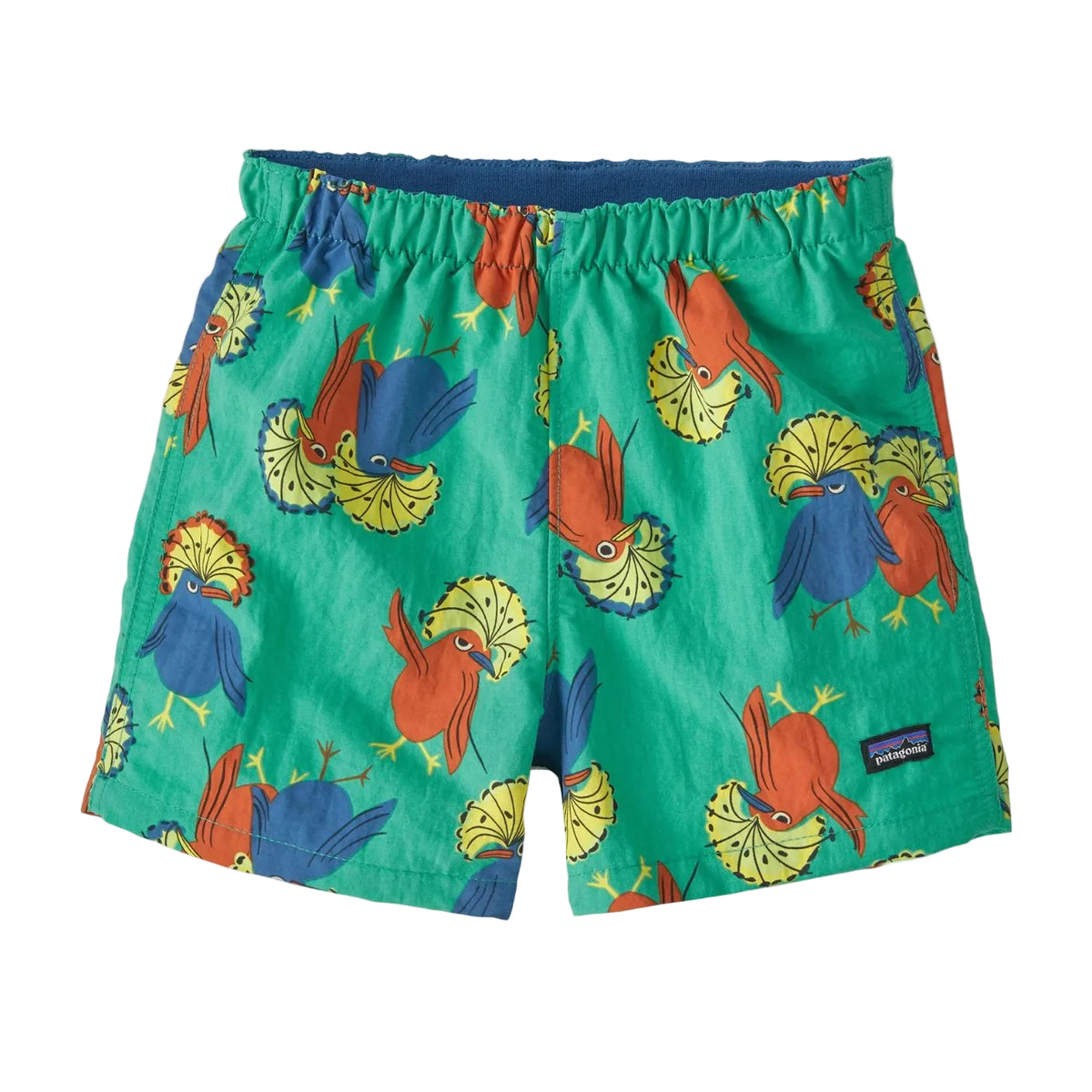 Green swim trunks with a colorful pattern of toucan parrots and palm leaves, featuring an elastic waistband and a Patagonia logo patch on the lower right leg.