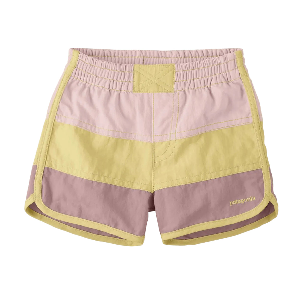 Colorblock athletic shorts in pastel pink, pale yellow, and dusty mauve with a yellow elastic waistband and piping, featuring a visible Patagonia logo on the lower right leg.