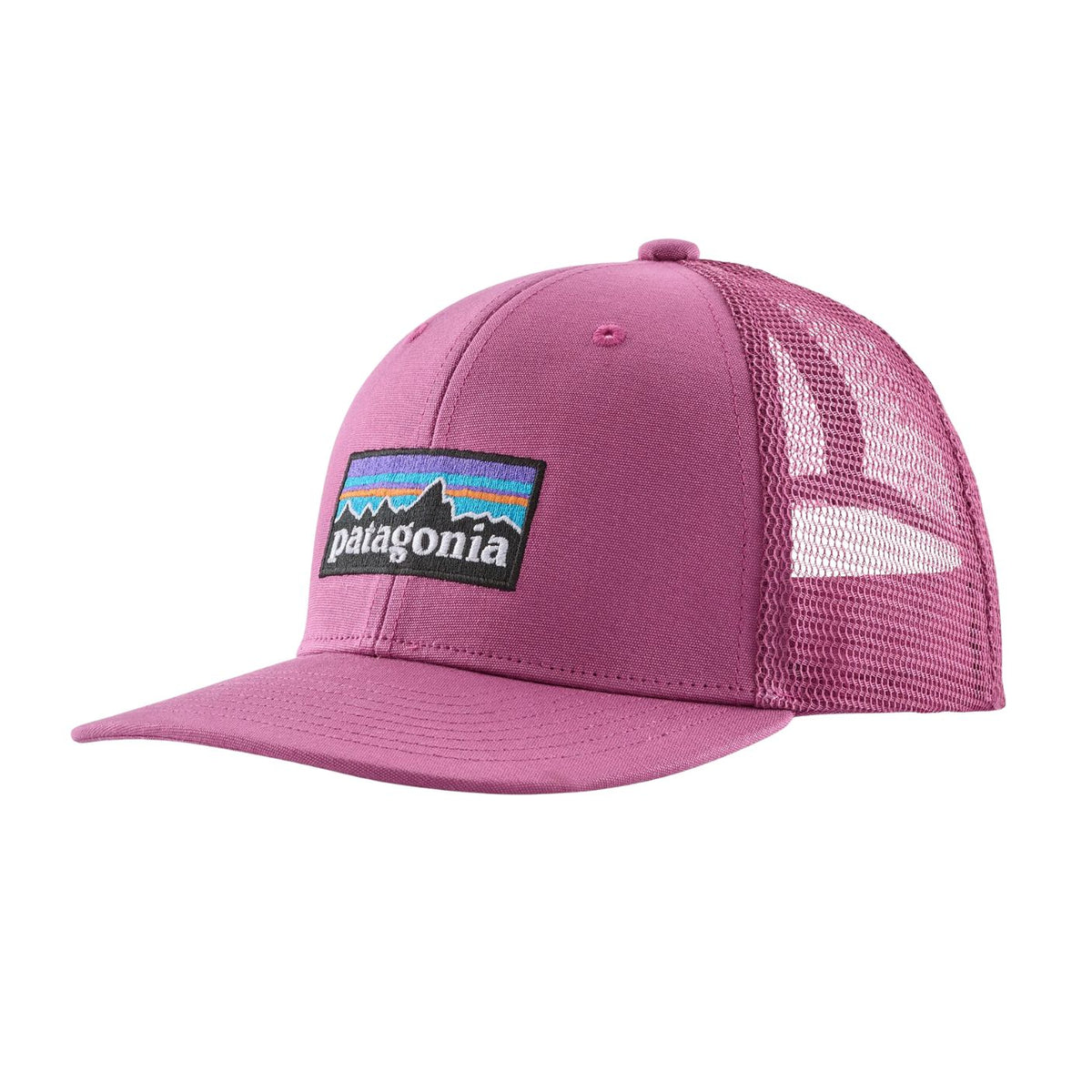 A pink trucker-style Patagonia cap with a structured front panel, curved brim, and mesh back, featuring the signature Patagonia logo patch on the front.