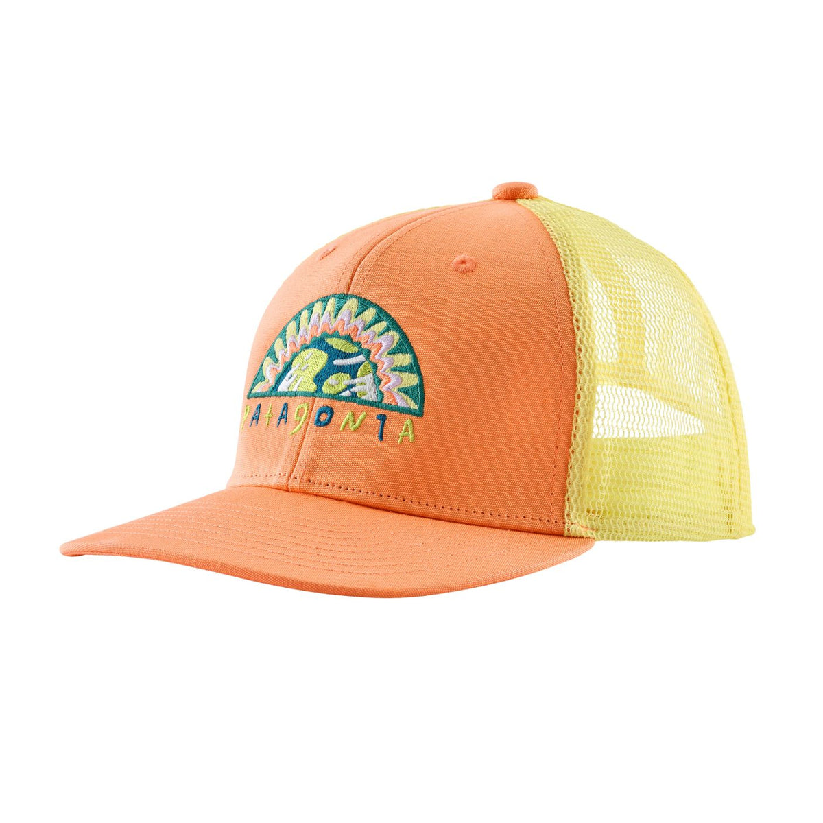 An orange and yellow trucker hat with a green and pink 'California' graphic on the front, featuring a curved brim and mesh back panels.