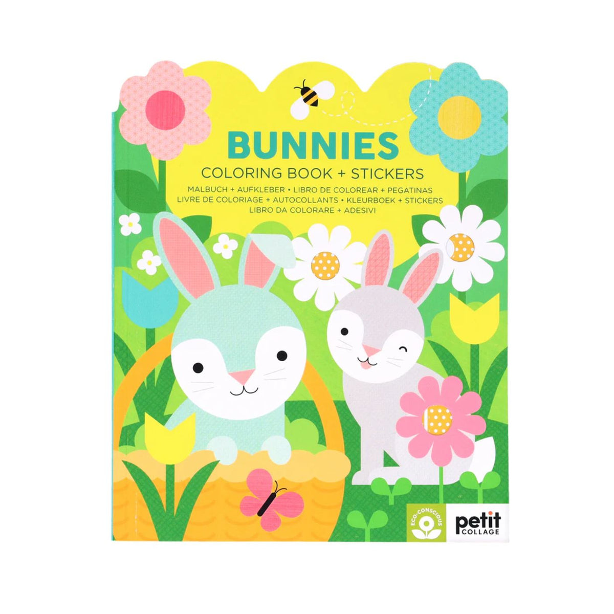 Coloring book and stickers set with bunnies on a green background