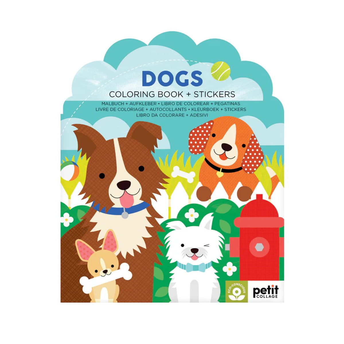 Coloring book and stickers set with cartoon dogs on a white background