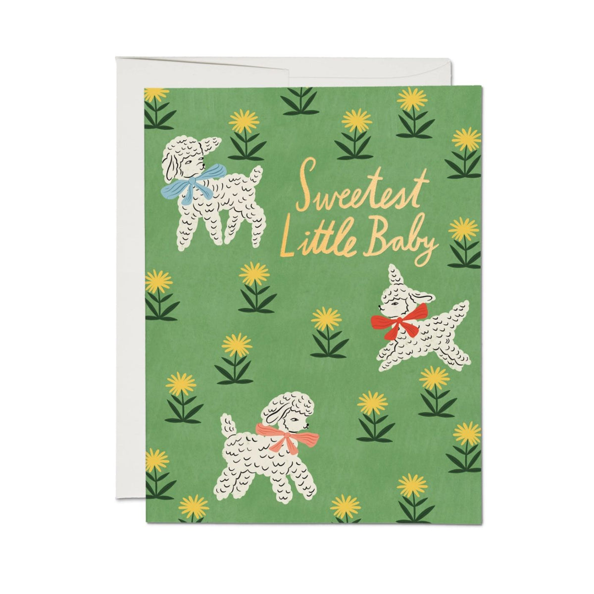 Greeting card with illustrations of dogs and flowers on a green background