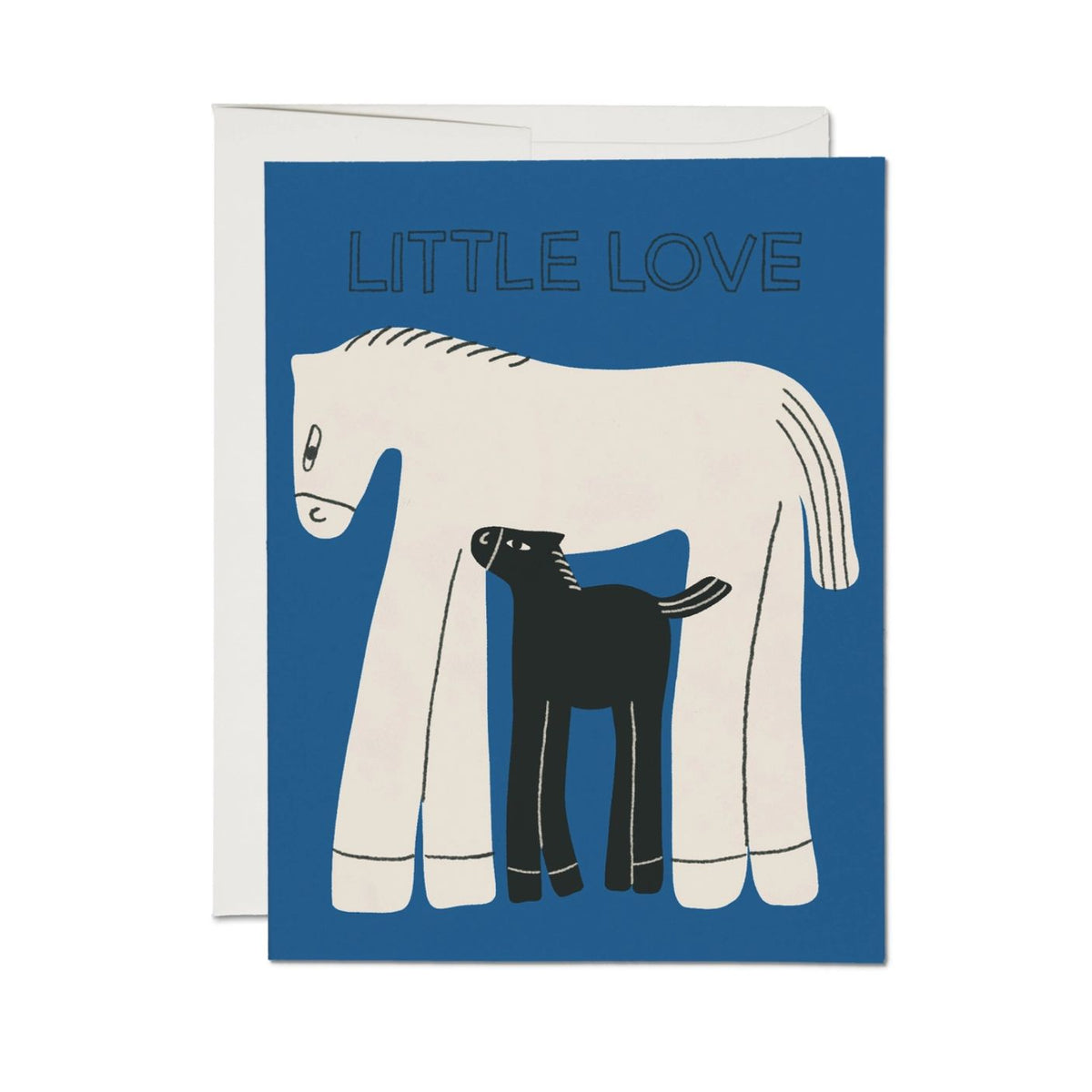Greeting card with illustration of a horse and foal on a blue background, titled 'Little Love'.