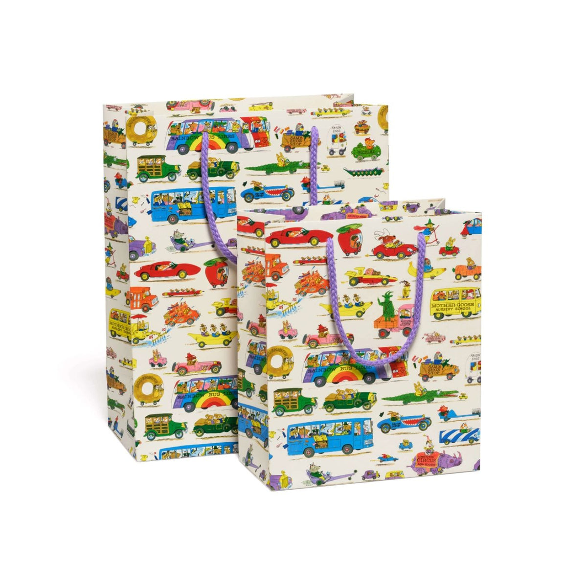Two colorful gift bags with vehicle pattern on a white background