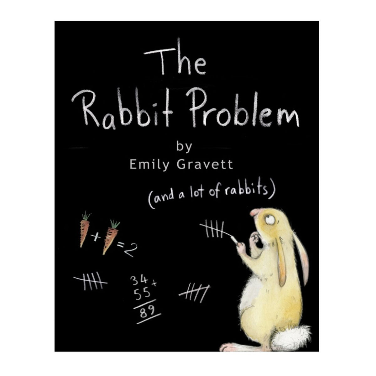 Book cover of 'The Rabbit Problem' by Emily Gravett with a rabbit and mathematical equations on a black background.