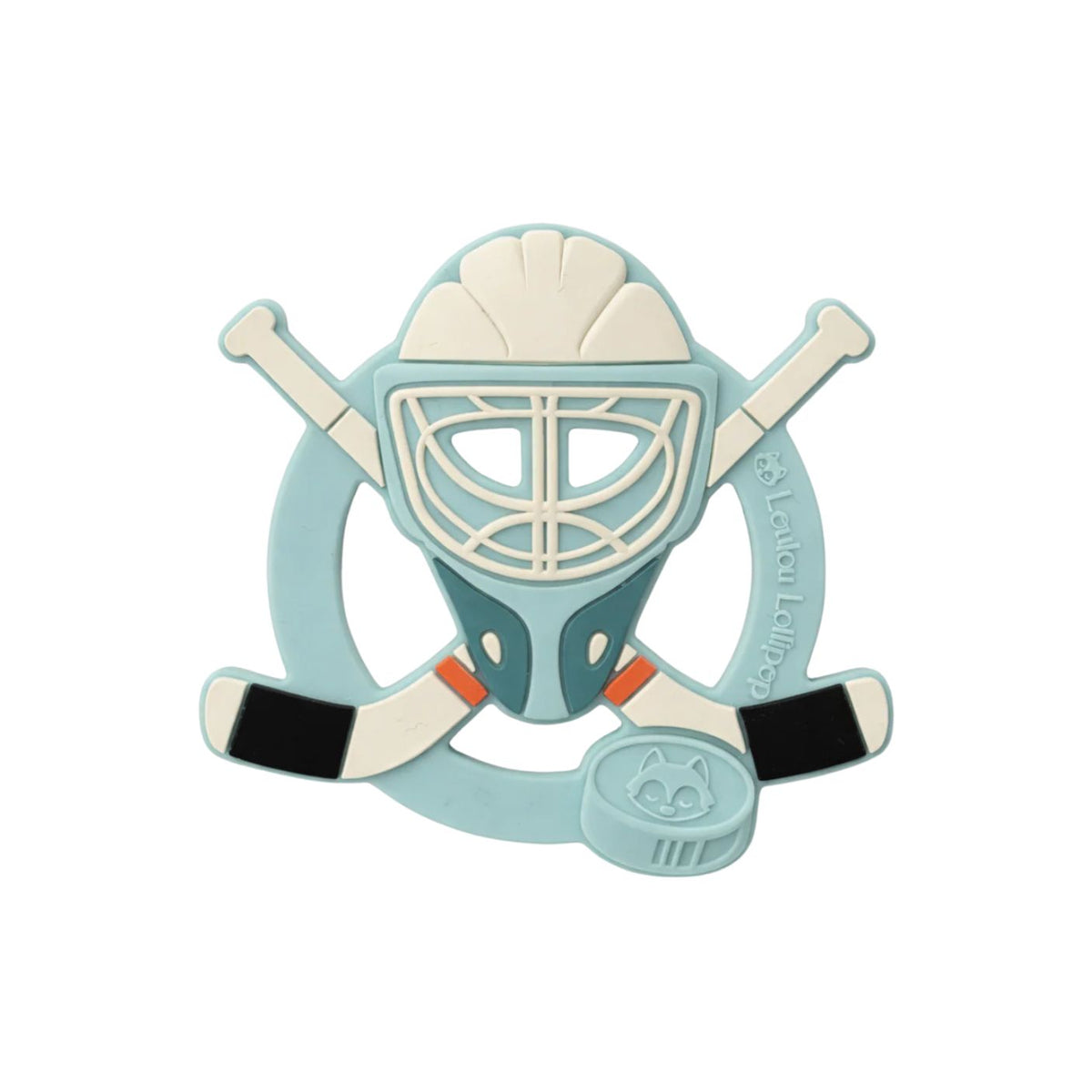 Hockey-themed teether with helmet, sticks, and puck on a white background