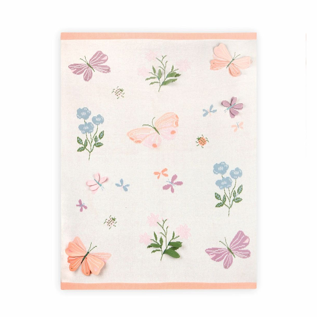 Floral and butterfly patterned towel on a white background