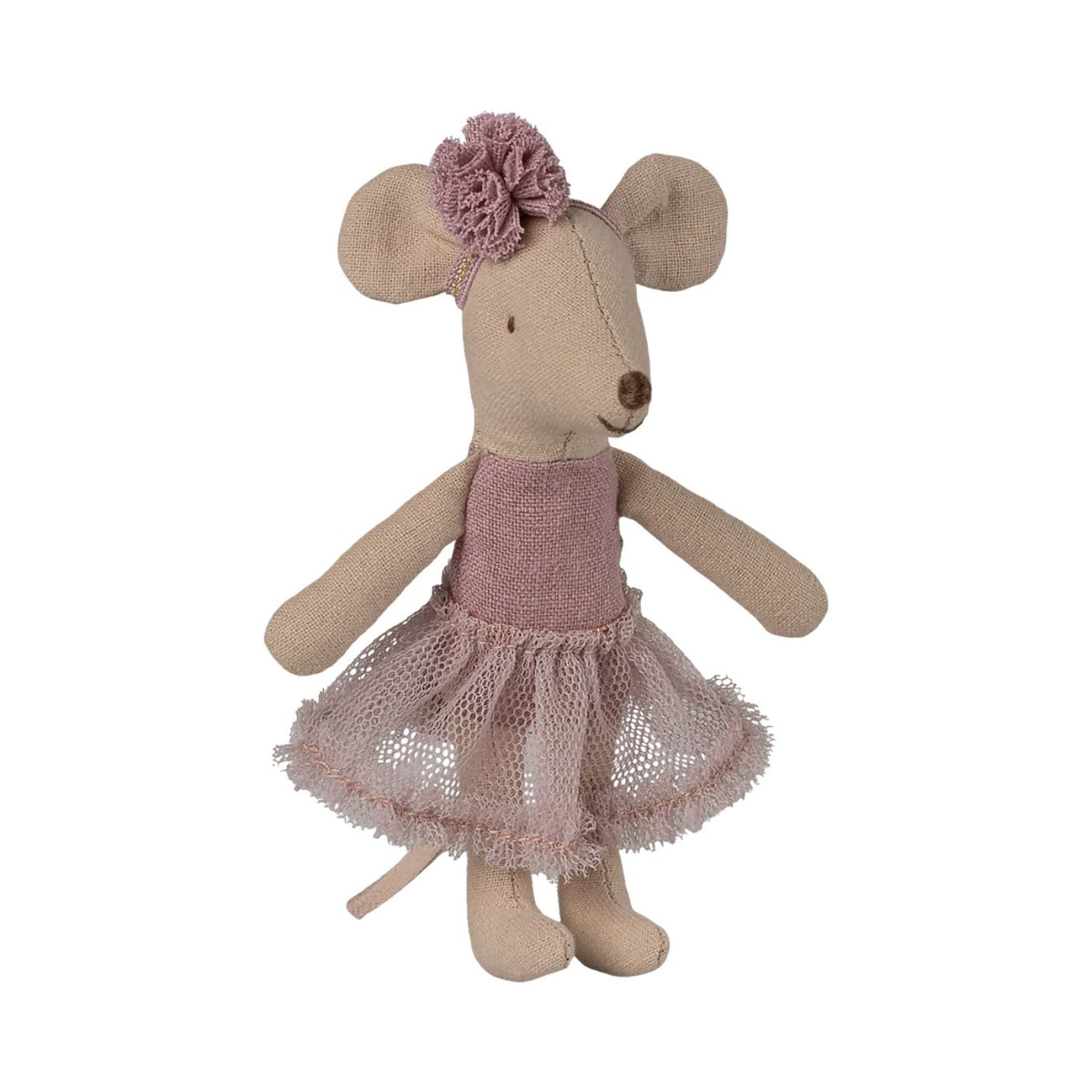 Stuffed mouse toy with a pink dress and flower headband on a white background