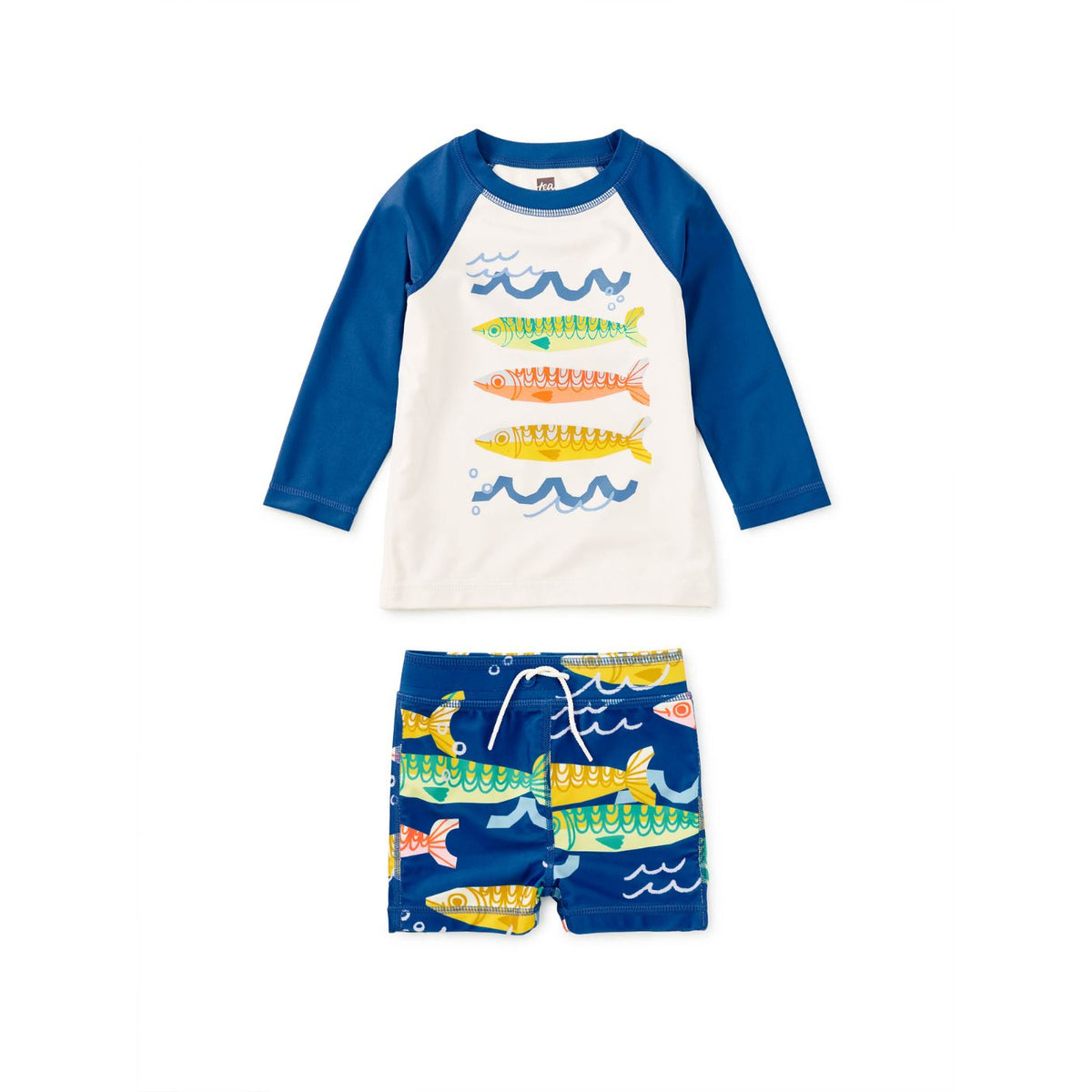 Children's two-piece set with a long-sleeve shirt and shorts featuring fish designs on a white background.