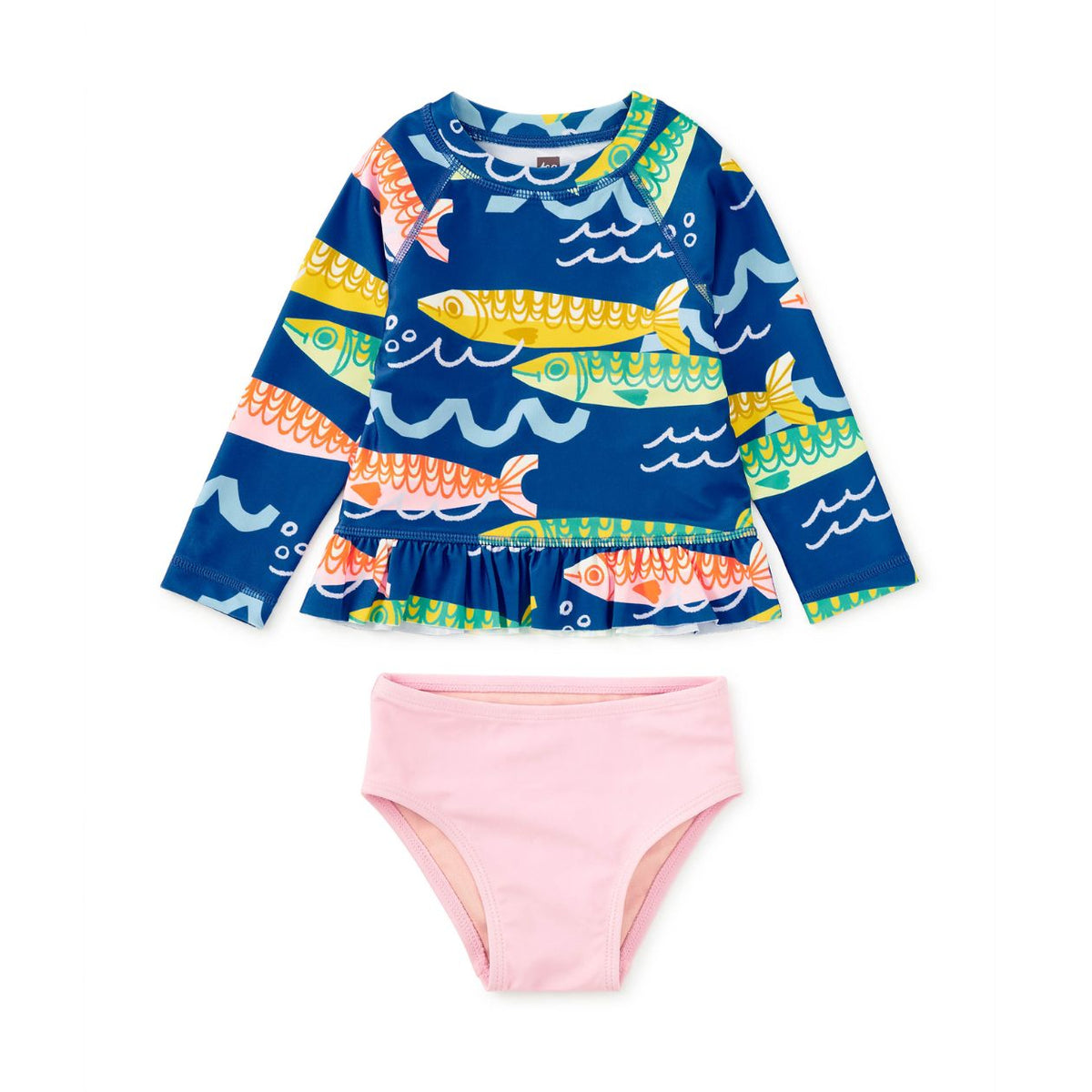 Children's swimsuit set with fish patterned top and pink bottom on a white background