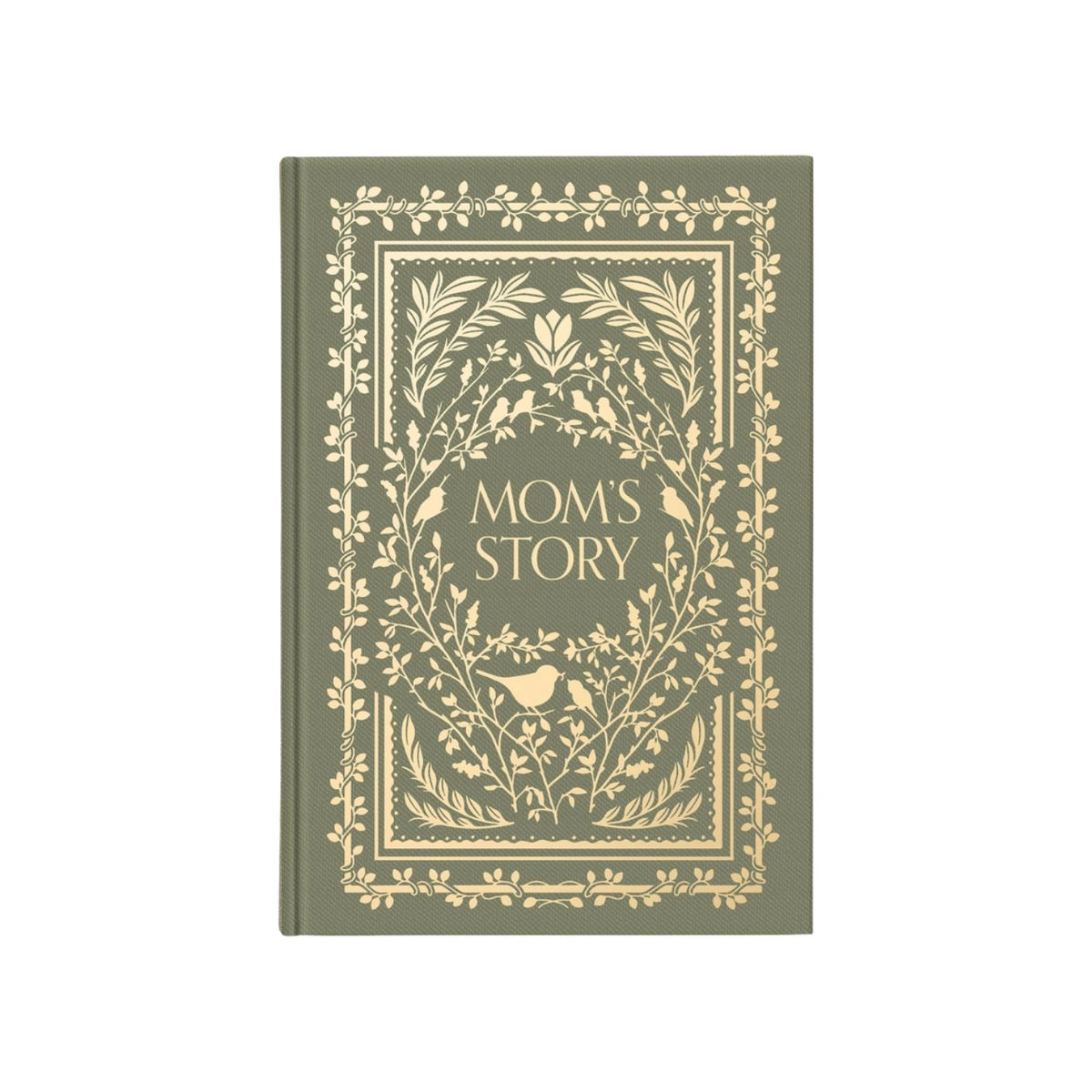 A hardcover book titled 'MOM'S STORY' with an olive green cover and ornate gold foil floral and bird illustrations, shown against a plain white background.