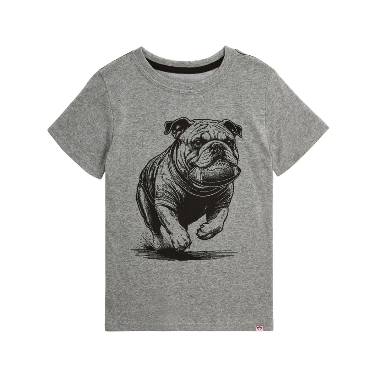 A heather gray short-sleeve crewneck t-shirt featuring a detailed black line art graphic of a bulldog running across the front, displayed on a solid white background.