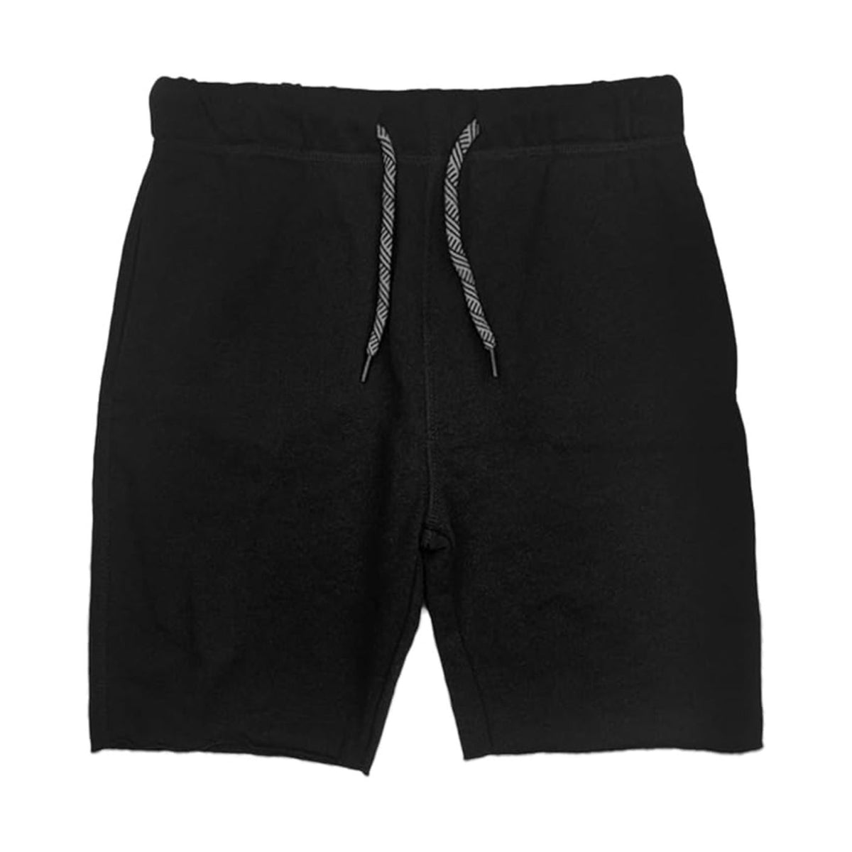 Black fleece drawstring shorts with a textured fabric and a gray and white patterned drawstring, shown flat on a white background.