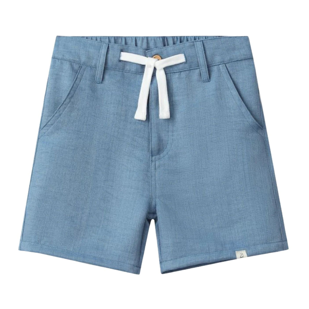 Blue shorts with a white drawstring on a white background
