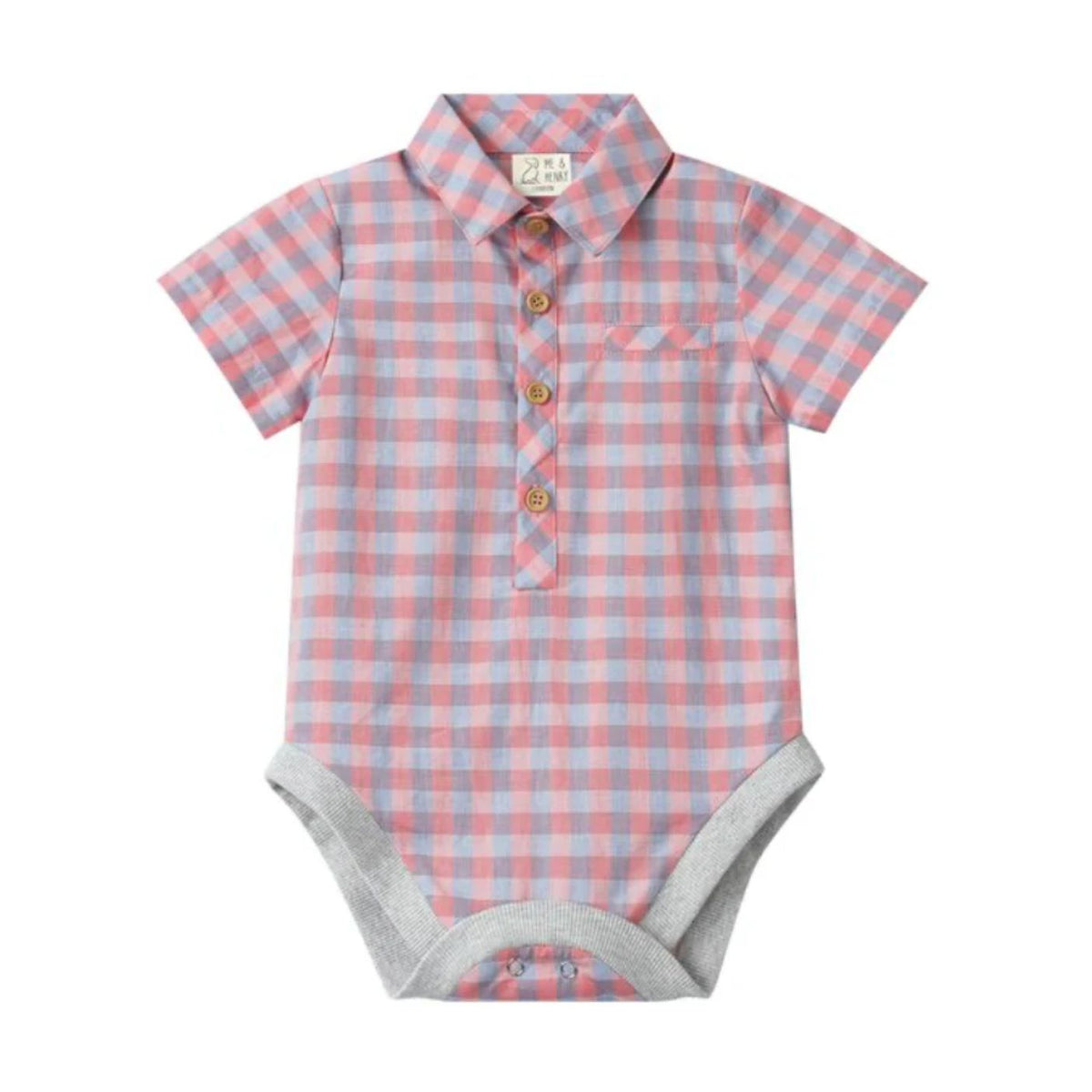 A baby short-sleeve bodysuit with a pink and light blue gingham check pattern, featuring a polo-style collar, three brown buttons, a chest pocket, and gray ribbed trim at the crotch and armholes.
