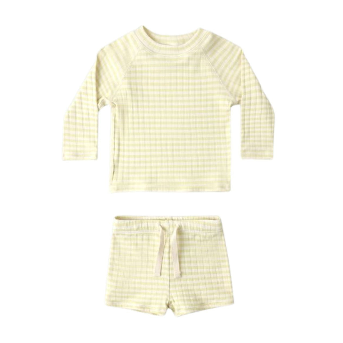 A two-piece baby loungewear set featuring a long-sleeve raglan shirt and matching shorts in a pale yellow and white gingham check pattern, displayed on a solid white background.